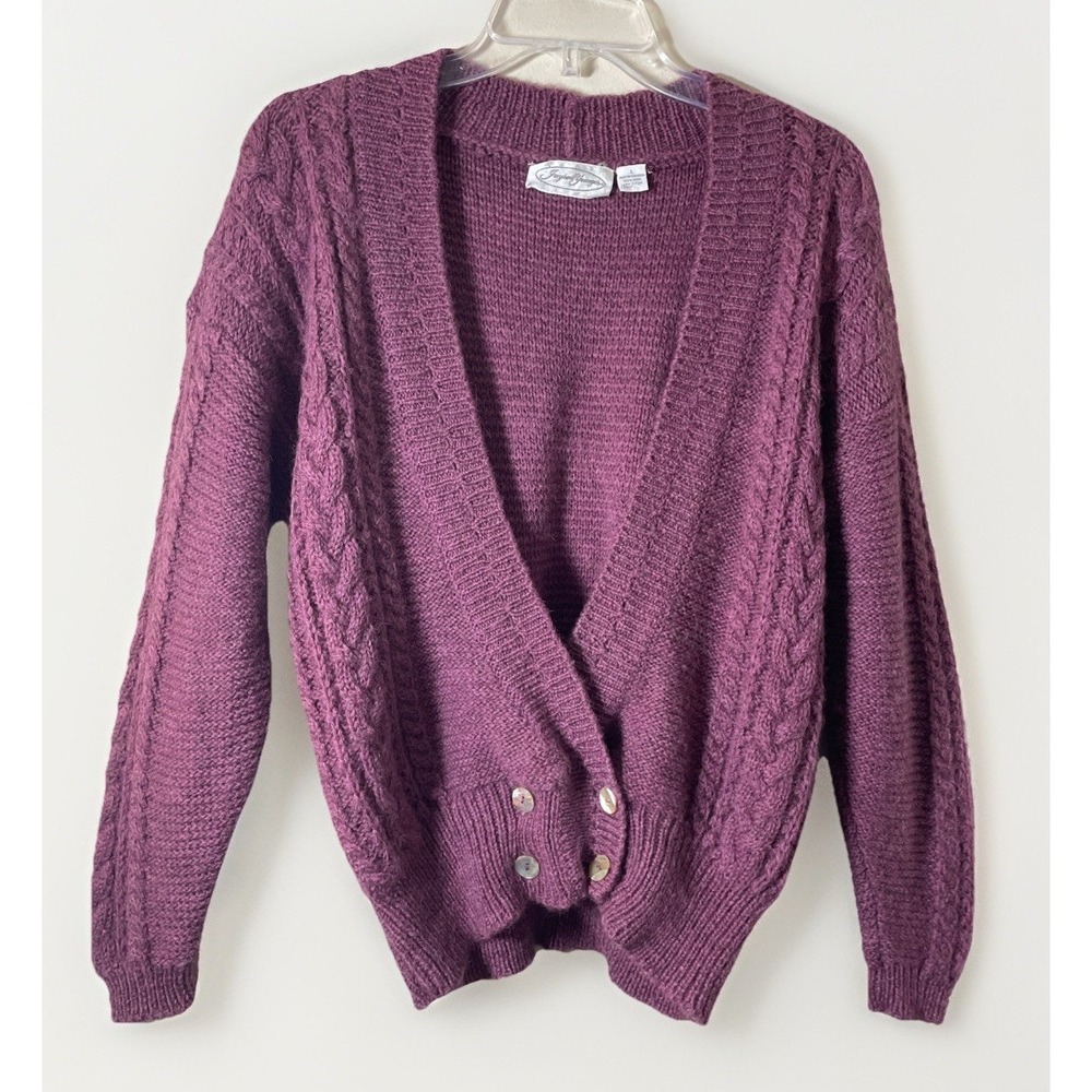 Jayson Younger Plum Cable Knit 100% Wool Wrap‎ Style Cardigan Women's Large VTG